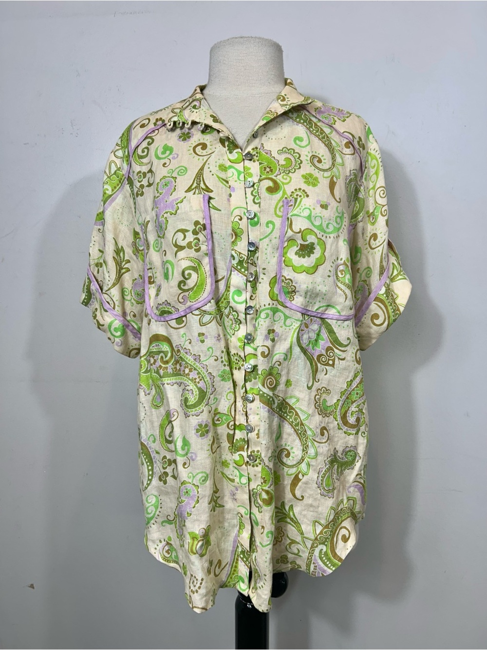 ALÉMAIS Marta Linen Paisley Shirt Green Purple Boho Top Size 8